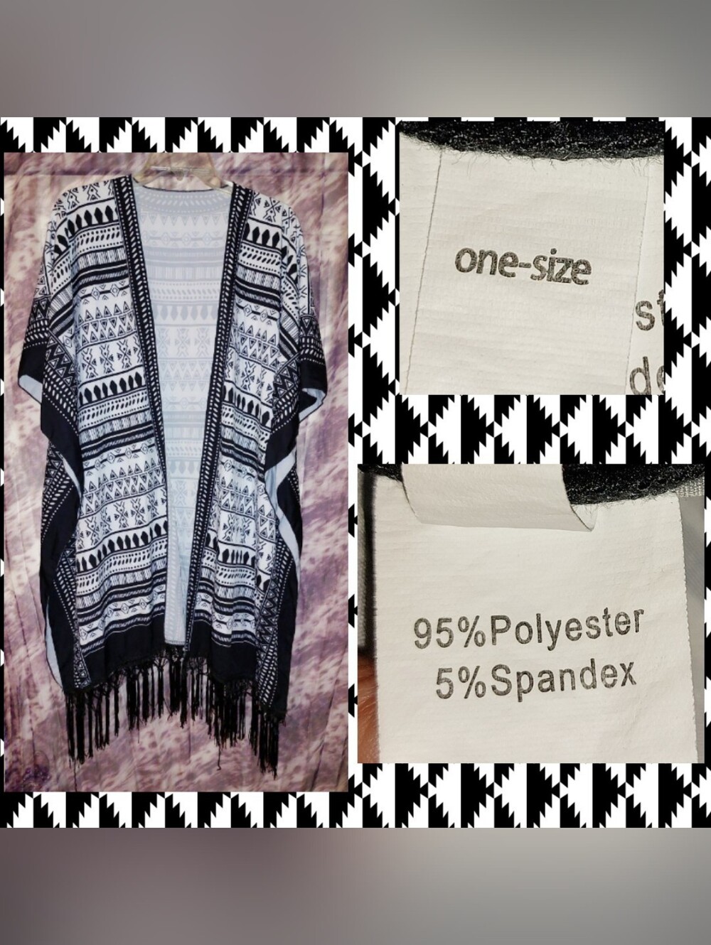 Unbranded Blk & White Tribal Print Oversized Woven Cover-Up/Kimono w/Fringe 1 Sz